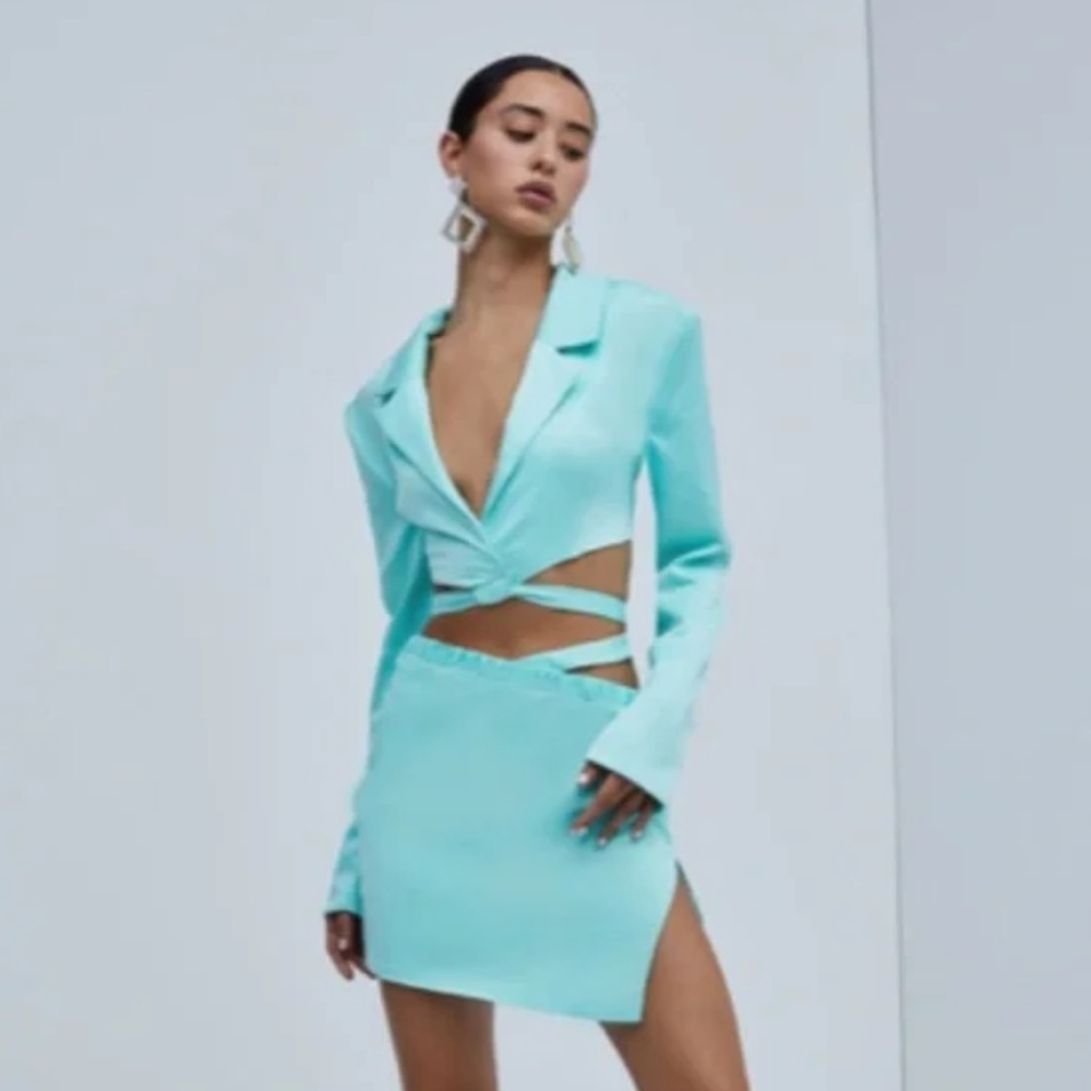 For love and lemons teal Marie Cropped Blazer and Skirt Set size medium